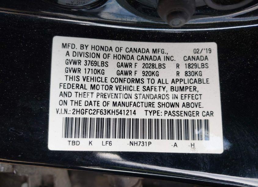 Photo 9 of 2019 Honda Civic LX (VIN 2HGFC2F63KH541214)