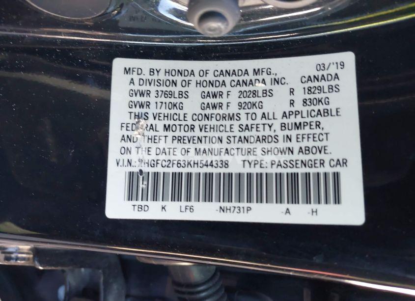 Photo 9 of 2019 Honda Civic LX (VIN 2HGFC2F63KH544338)