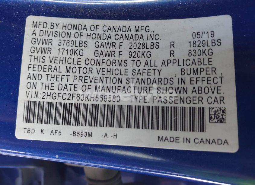 Photo 9 of 2019 Honda Civic LX (VIN 2HGFC2F63KH569580)