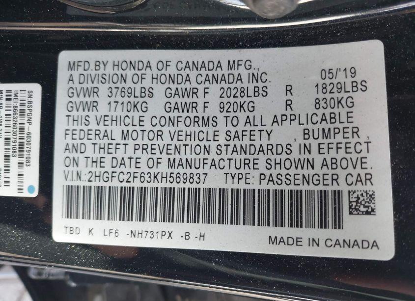 Photo 9 of 2019 Honda Civic LX (VIN 2HGFC2F63KH569837)