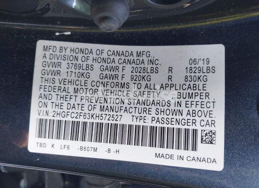 Photo 9 of 2019 Honda Civic LX (VIN 2HGFC2F63KH572527)