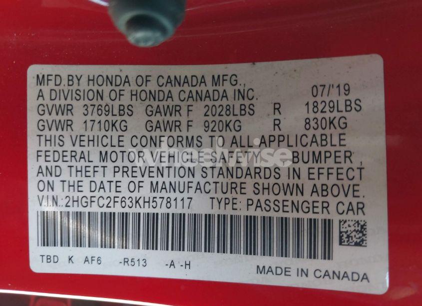 Photo 9 of 2019 Honda Civic LX (VIN 2HGFC2F63KH578117)