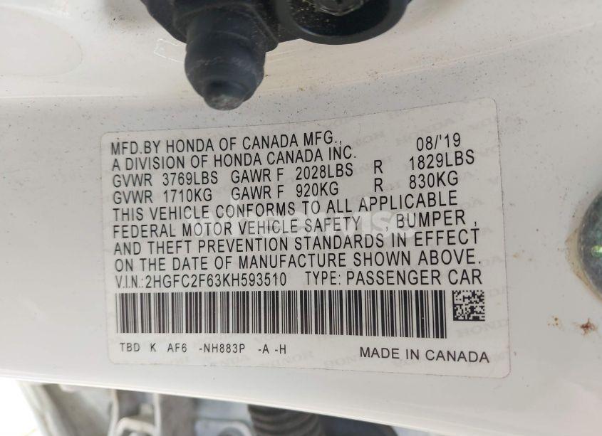 Photo 9 of 2019 Honda Civic LX (VIN 2HGFC2F63KH593510)