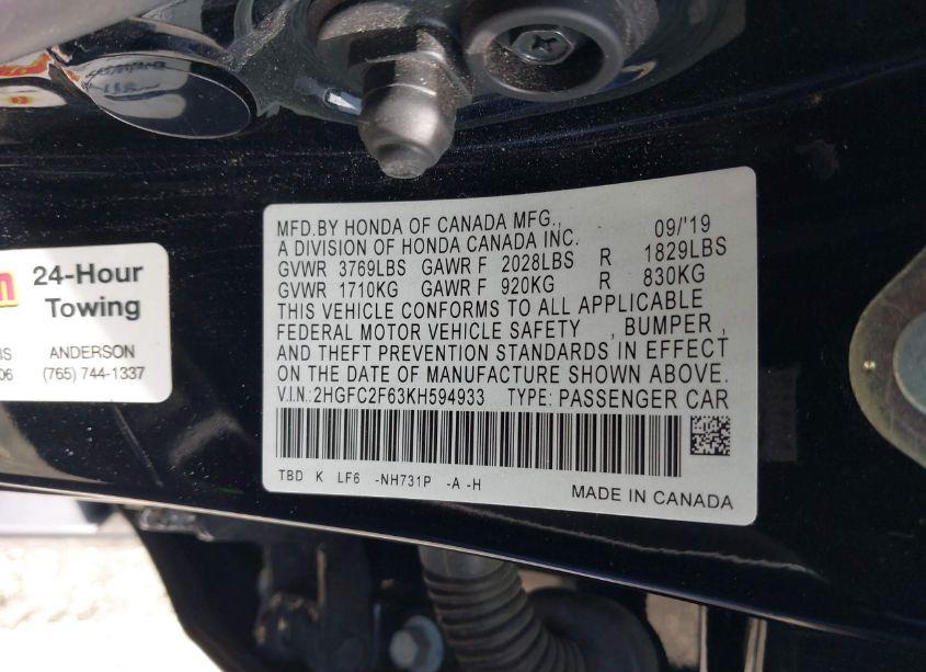 Photo 9 of 2019 Honda Civic LX (VIN 2HGFC2F63KH594933)