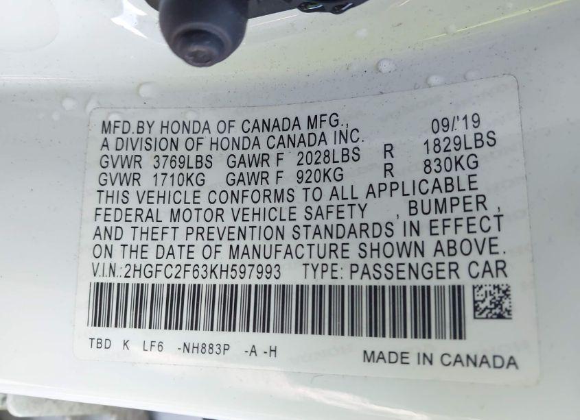 Photo 9 of 2019 Honda Civic LX (VIN 2HGFC2F63KH597993)