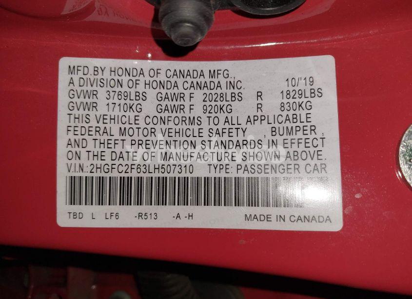 Photo 9 of 2020 Honda Civic LX (VIN 2HGFC2F63LH507310)