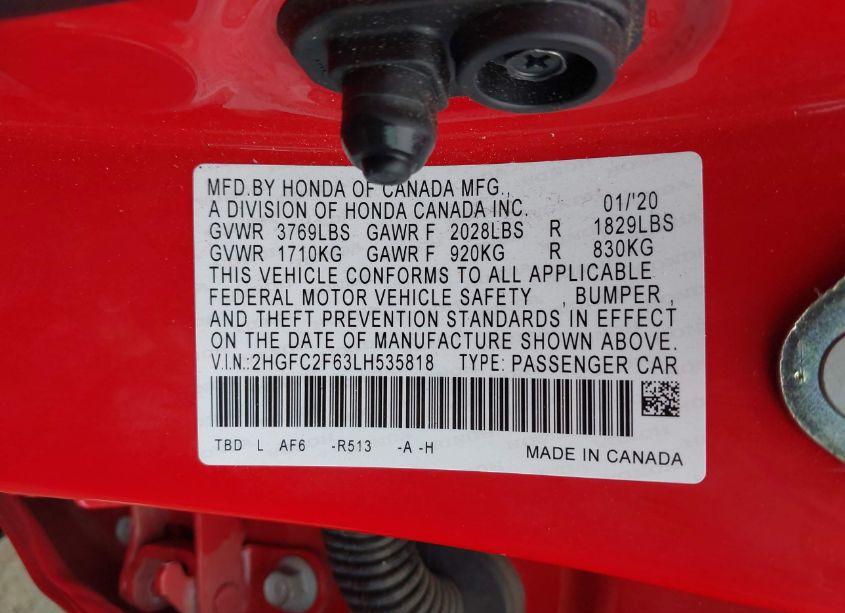 Photo 9 of 2020 Honda Civic LX (VIN 2HGFC2F63LH535818)