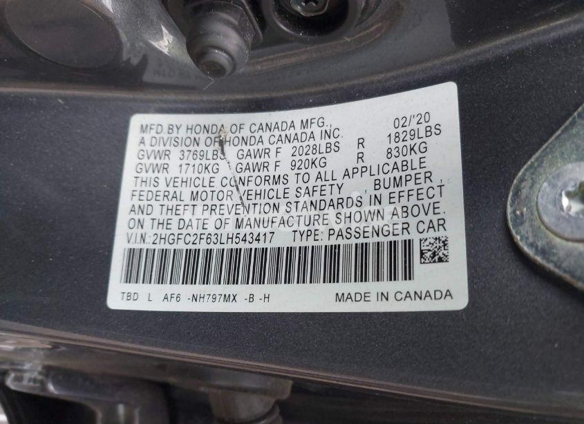 Photo 9 of 2020 Honda Civic SEDAN (VIN 2HGFC2F63LH543417)