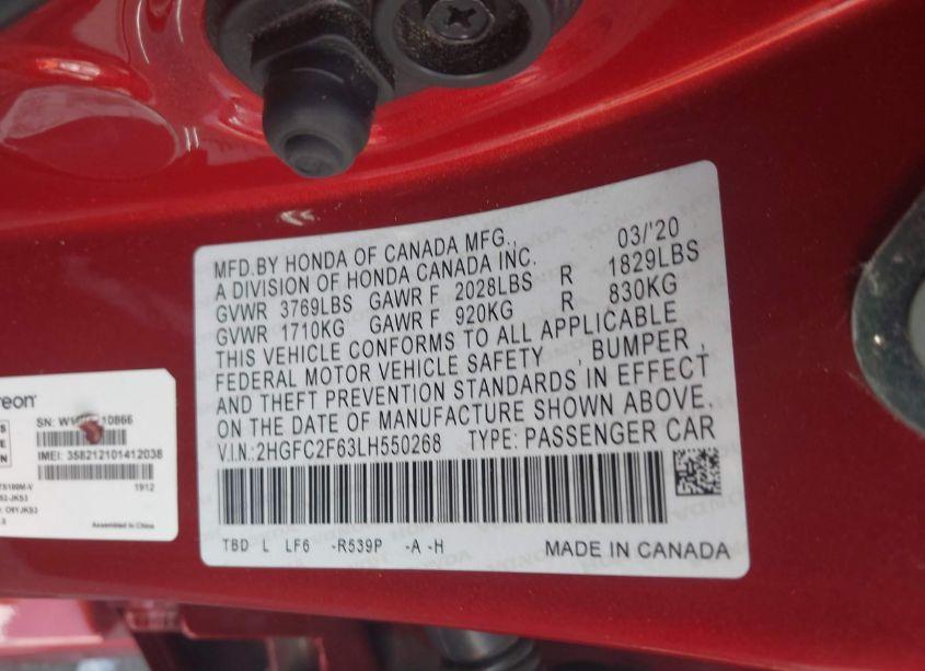 Photo 9 of 2020 Honda Civic LX (VIN 2HGFC2F63LH550268)