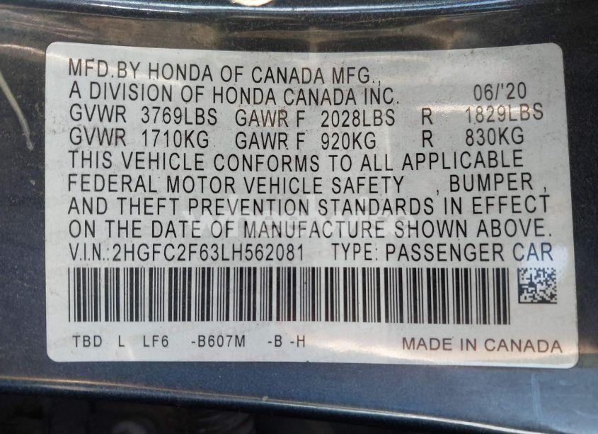 Photo 9 of 2020 Honda Civic LX (VIN 2HGFC2F63LH562081)