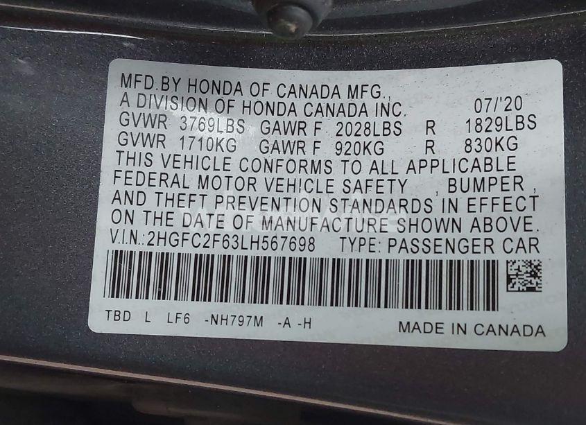 Photo 9 of 2020 Honda Civic LX (VIN 2HGFC2F63LH567698)
