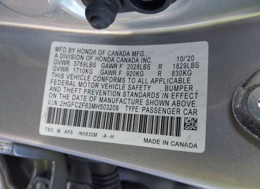 Photo 9 of 2021 Honda Civic LX (VIN 2HGFC2F63MH503209)