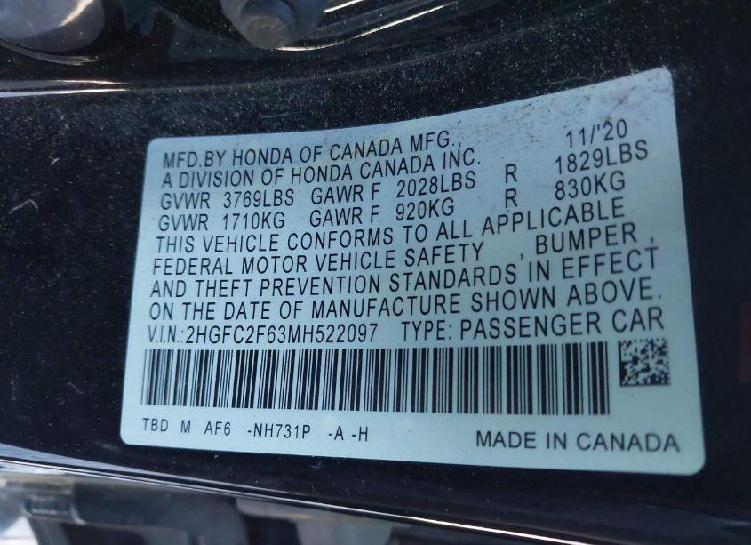 Photo 9 of 2021 Honda Civic LX (VIN 2HGFC2F63MH522097)