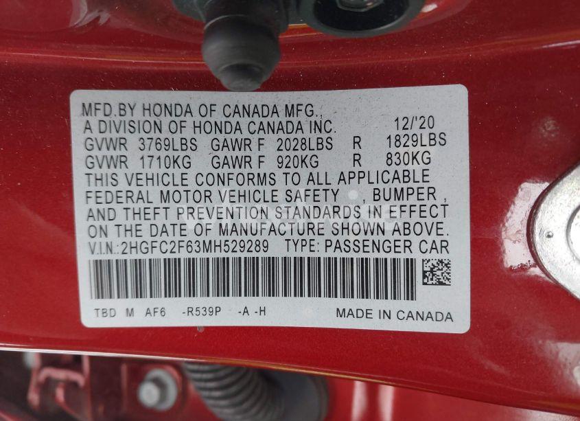 Photo 9 of 2021 Honda Civic LX (VIN 2HGFC2F63MH529289)