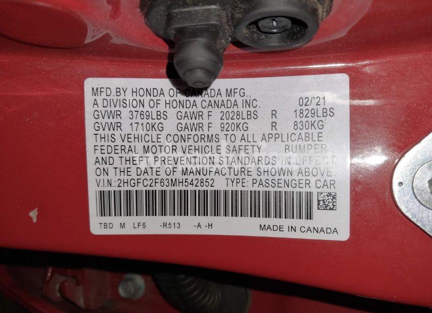 Photo 9 of 2021 Honda Civic LX (VIN 2HGFC2F63MH542852)