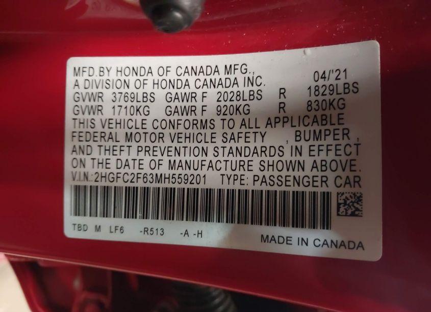 Photo 9 of 2021 Honda Civic LX (VIN 2HGFC2F63MH559201)