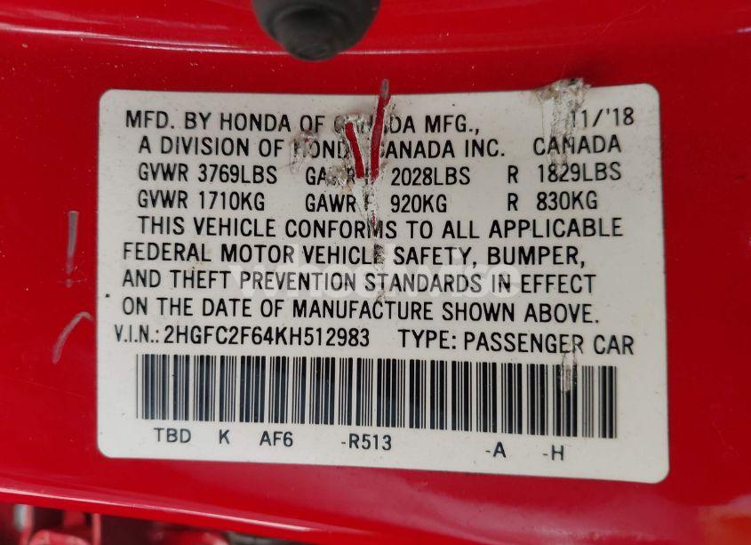 Photo 9 of 2019 Honda Civic LX (VIN 2HGFC2F64KH512983)