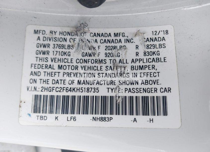 Photo 9 of 2019 Honda Civic LX (VIN 2HGFC2F64KH518735)