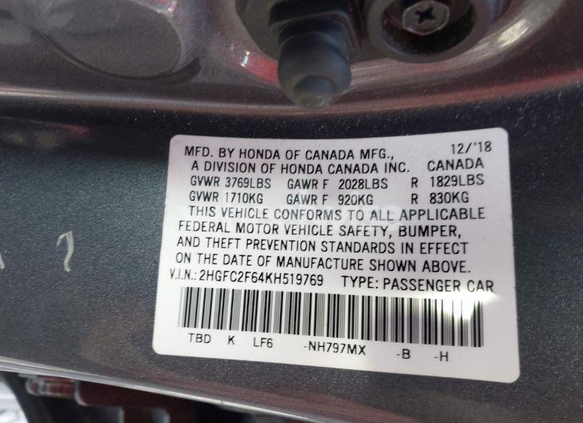 Photo 9 of 2019 Honda Civic LX (VIN 2HGFC2F64KH519769)