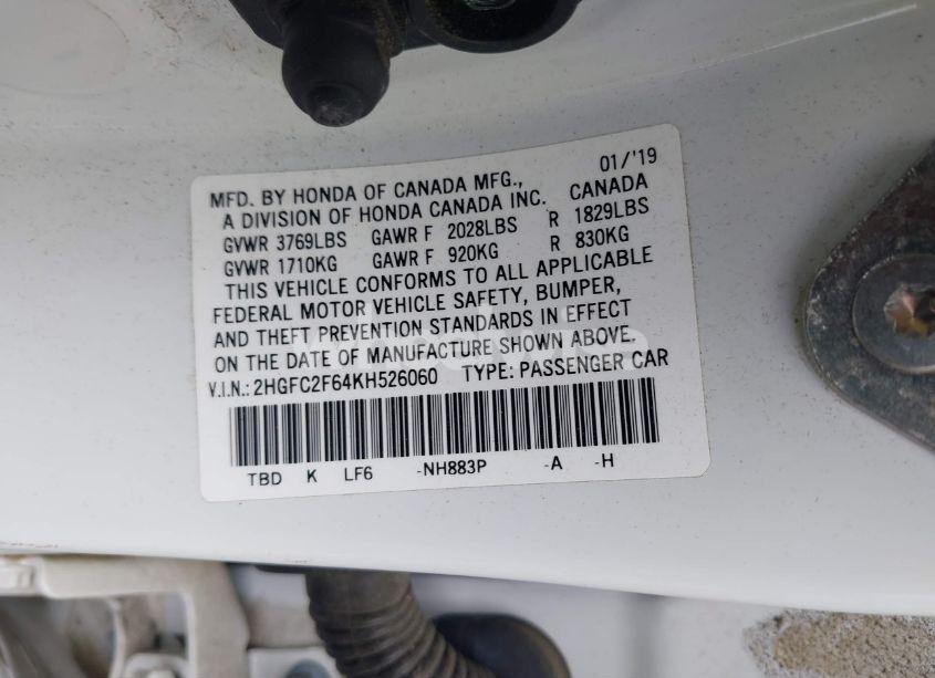 Photo 9 of 2019 Honda Civic LX (VIN 2HGFC2F64KH526060)