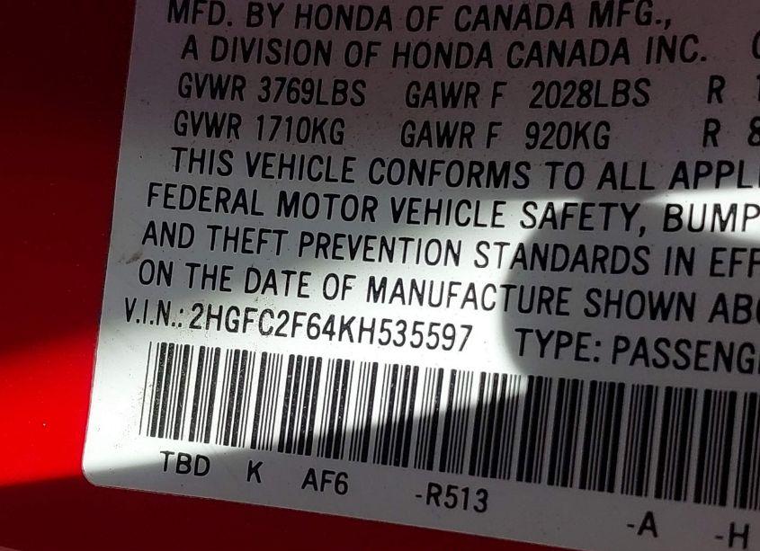 Photo 9 of 2019 Honda Civic LX (VIN 2HGFC2F64KH535597)