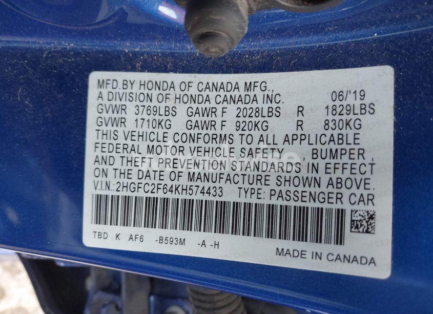 Photo 9 of 2019 Honda Civic LX (VIN 2HGFC2F64KH574433)