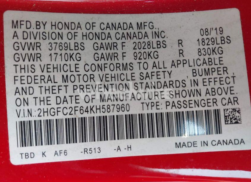 Photo 9 of 2019 Honda Civic LX (VIN 2HGFC2F64KH587960)