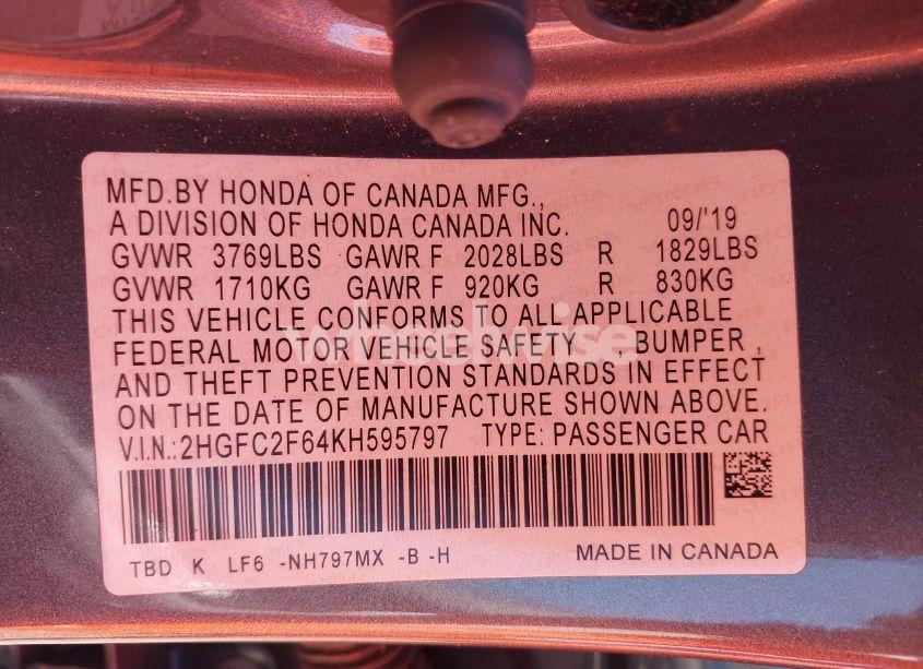 Photo 9 of 2019 Honda Civic LX (VIN 2HGFC2F64KH595797)