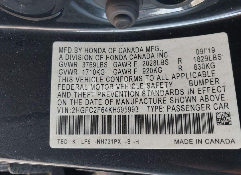 Photo 9 of 2019 Honda Civic LX (VIN 2HGFC2F64KH595993)