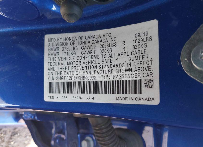 Photo 9 of 2019 Honda Civic LX (VIN 2HGFC2F64KH600092)