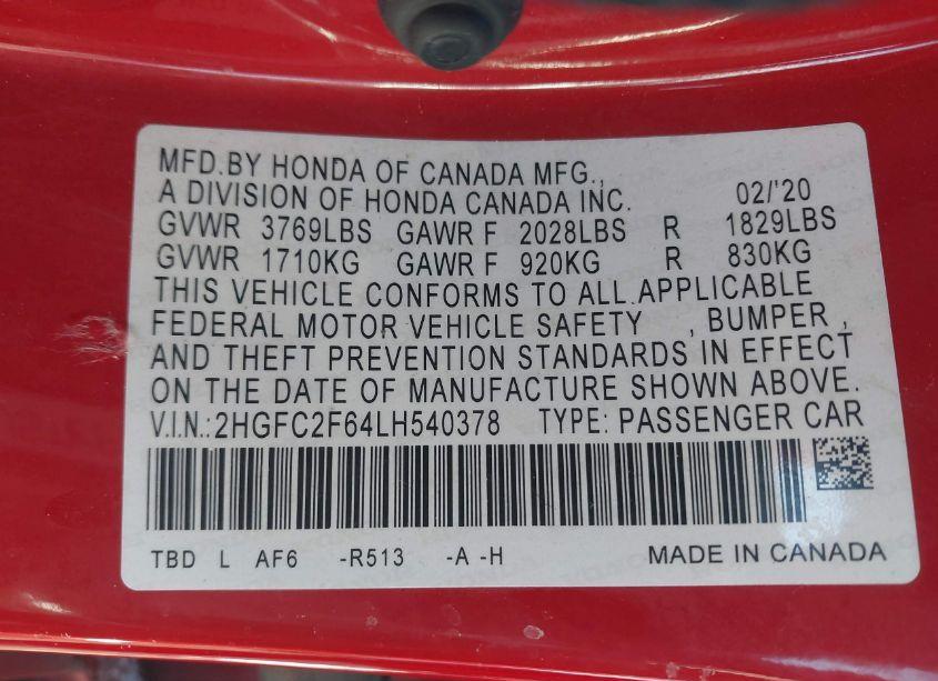 Photo 9 of 2020 Honda Civic LX (VIN 2HGFC2F64LH540378)
