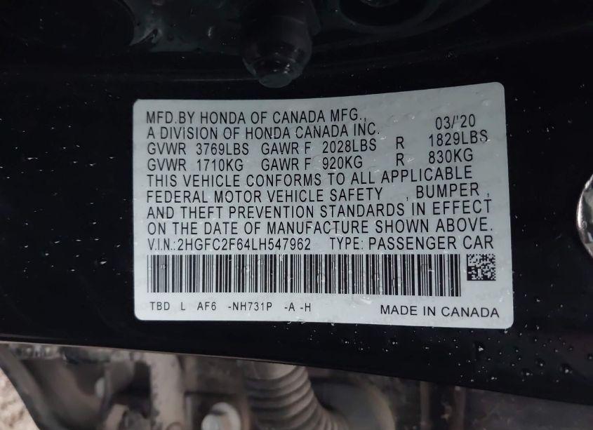Photo 9 of 2020 Honda Civic LX (VIN 2HGFC2F64LH547962)