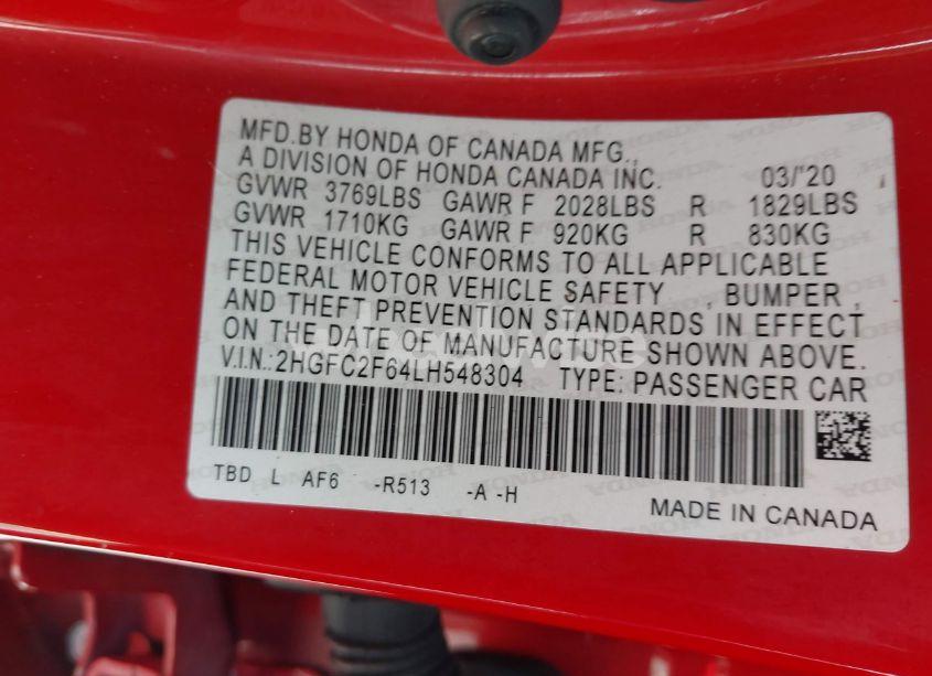 Photo 9 of 2020 Honda Civic LX (VIN 2HGFC2F64LH548304)