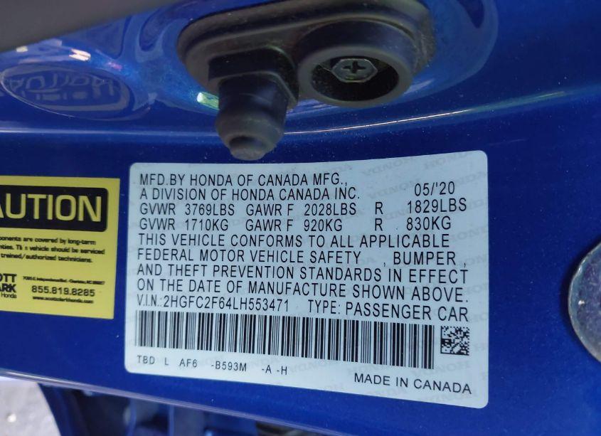 Photo 9 of 2020 Honda Civic LX (VIN 2HGFC2F64LH553471)