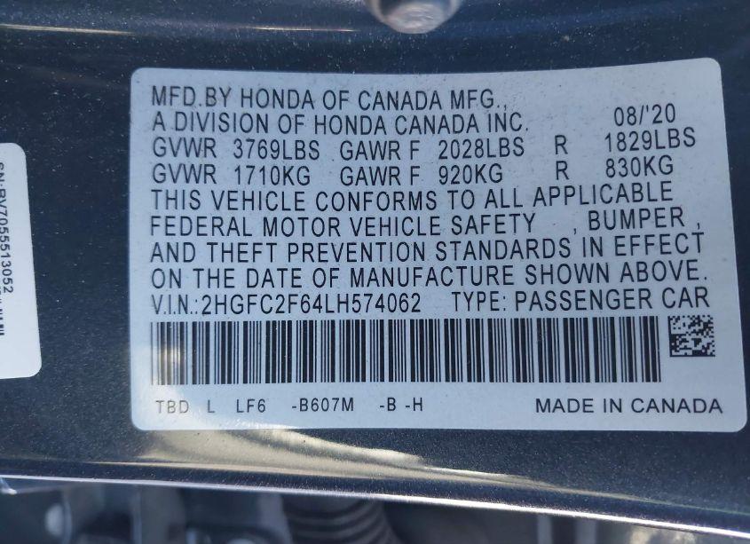 Photo 9 of 2020 Honda Civic LX (VIN 2HGFC2F64LH574062)