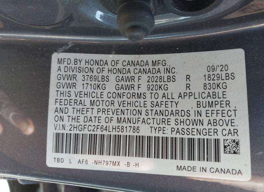 Photo 9 of 2020 Honda Civic LX (VIN 2HGFC2F64LH581786)