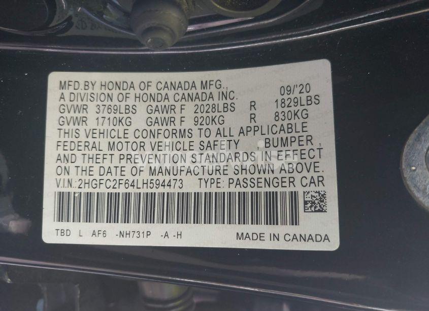 Photo 9 of 2020 Honda Civic LX (VIN 2HGFC2F64LH594473)