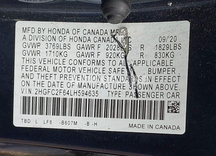 Photo 9 of 2020 Honda Civic LX (VIN 2HGFC2F64LH594635)