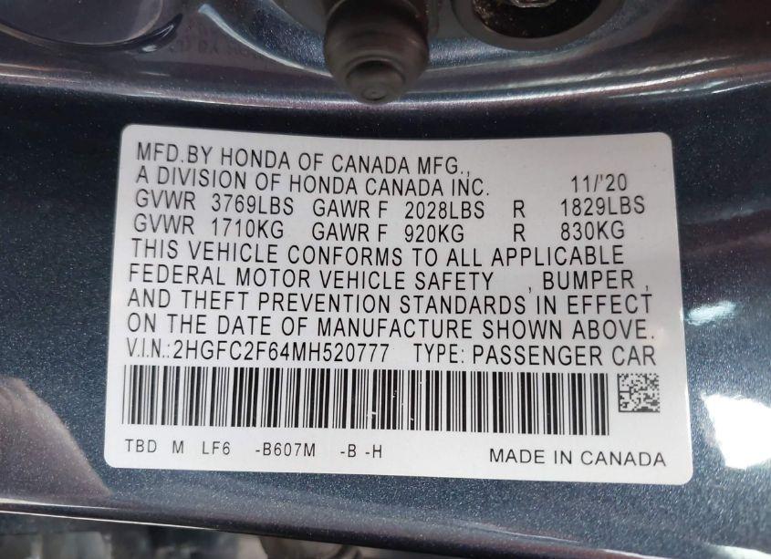 Photo 9 of 2021 Honda Civic LX (VIN 2HGFC2F64MH520777)
