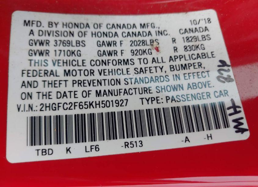 Photo 9 of 2019 Honda Civic LX (VIN 2HGFC2F65KH501927)