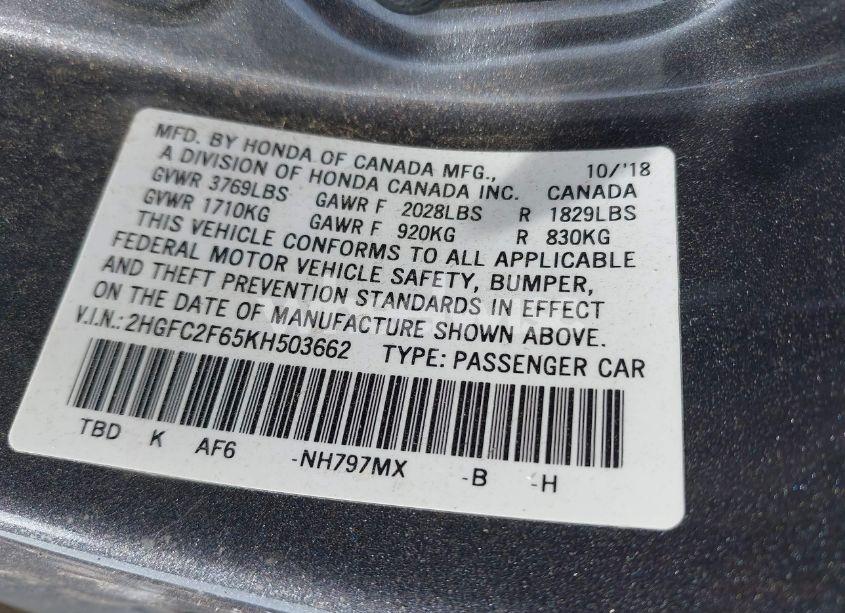 Photo 9 of 2019 Honda Civic LX (VIN 2HGFC2F65KH503662)