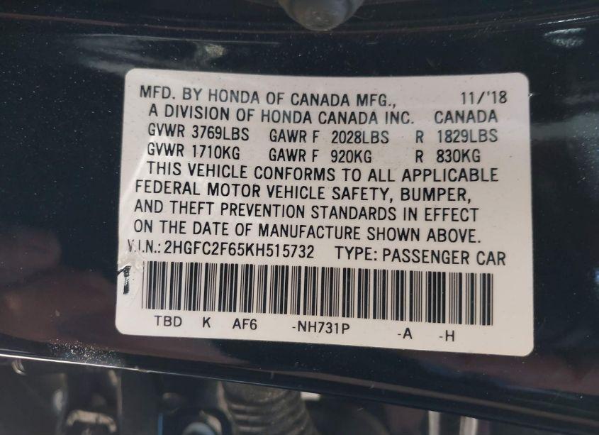 Photo 9 of 2019 Honda Civic LX (VIN 2HGFC2F65KH515732)