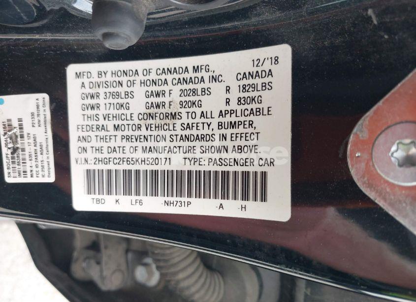 Photo 9 of 2019 Honda Civic LX (VIN 2HGFC2F65KH520171)