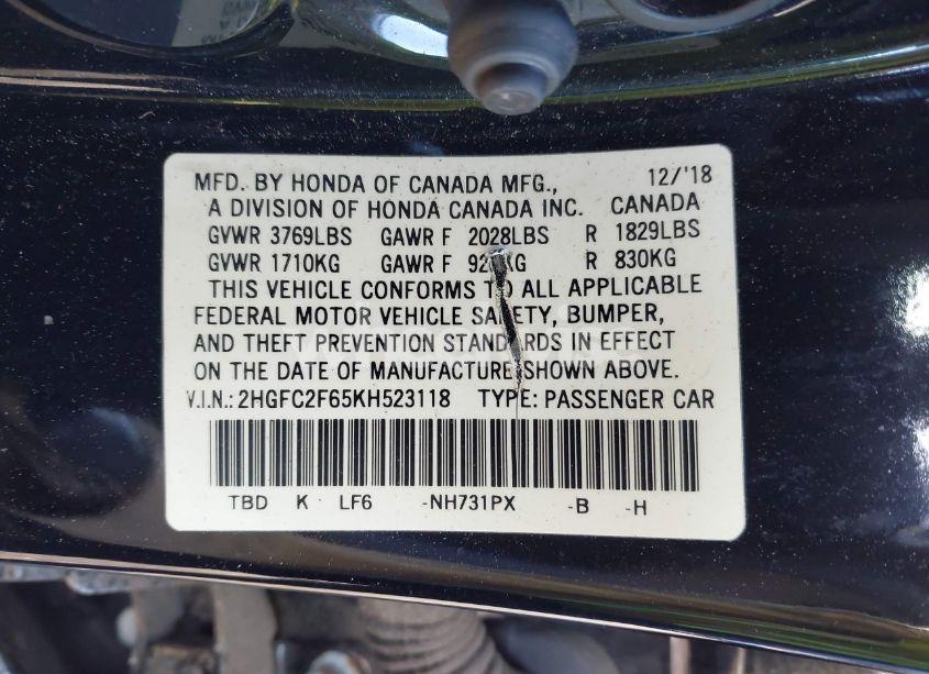 Photo 9 of 2019 Honda Civic LX (VIN 2HGFC2F65KH523118)