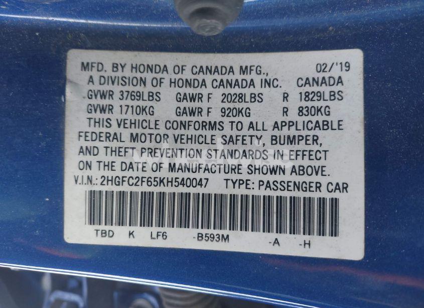 Photo 9 of 2019 Honda Civic LX (VIN 2HGFC2F65KH540047)