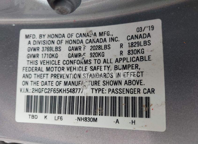 Photo 9 of 2019 Honda Civic LX (VIN 2HGFC2F65KH548777)