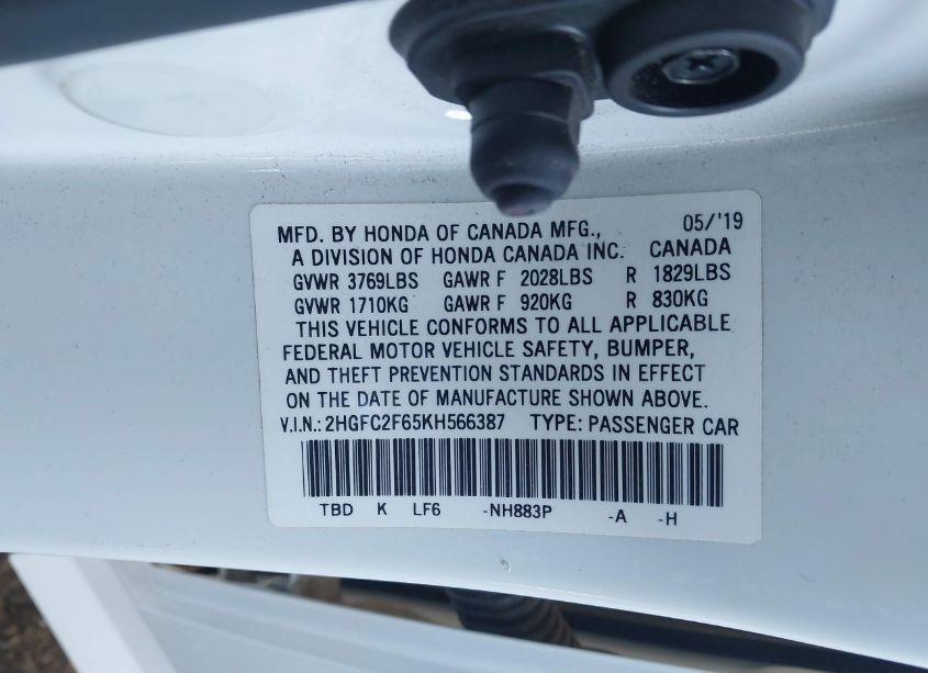 Photo 9 of 2019 Honda Civic LX (VIN 2HGFC2F65KH566387)