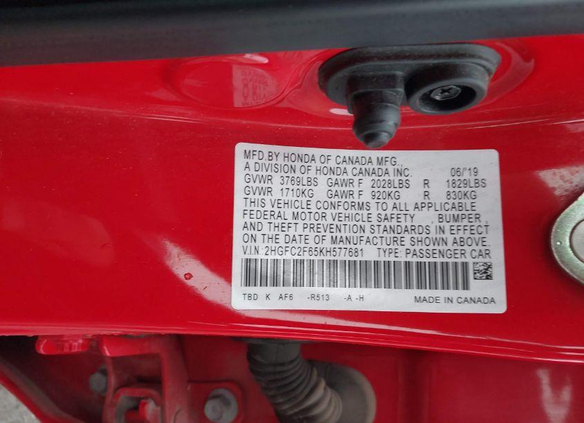 Photo 9 of 2019 Honda Civic LX (VIN 2HGFC2F65KH577681)