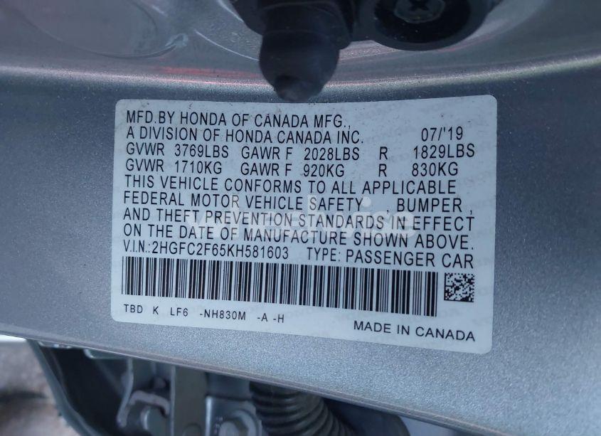 Photo 9 of 2019 Honda Civic LX (VIN 2HGFC2F65KH581603)