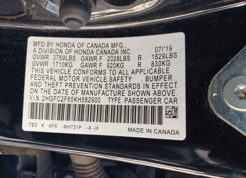 Photo 9 of 2019 Honda Civic LX (VIN 2HGFC2F65KH582900)